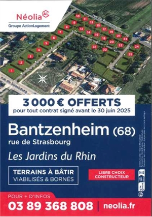 terrain à la vente -   68490  BANTZENHEIM, surface 415 m2 vente terrain - UBI466453079